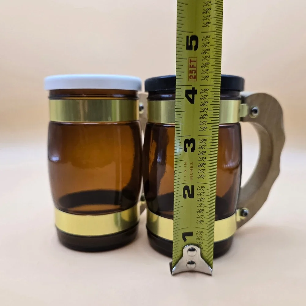 Vintage Amber Glass Beer Stein Salt and Pepper Shakers Wood Handle Gold Trim Set